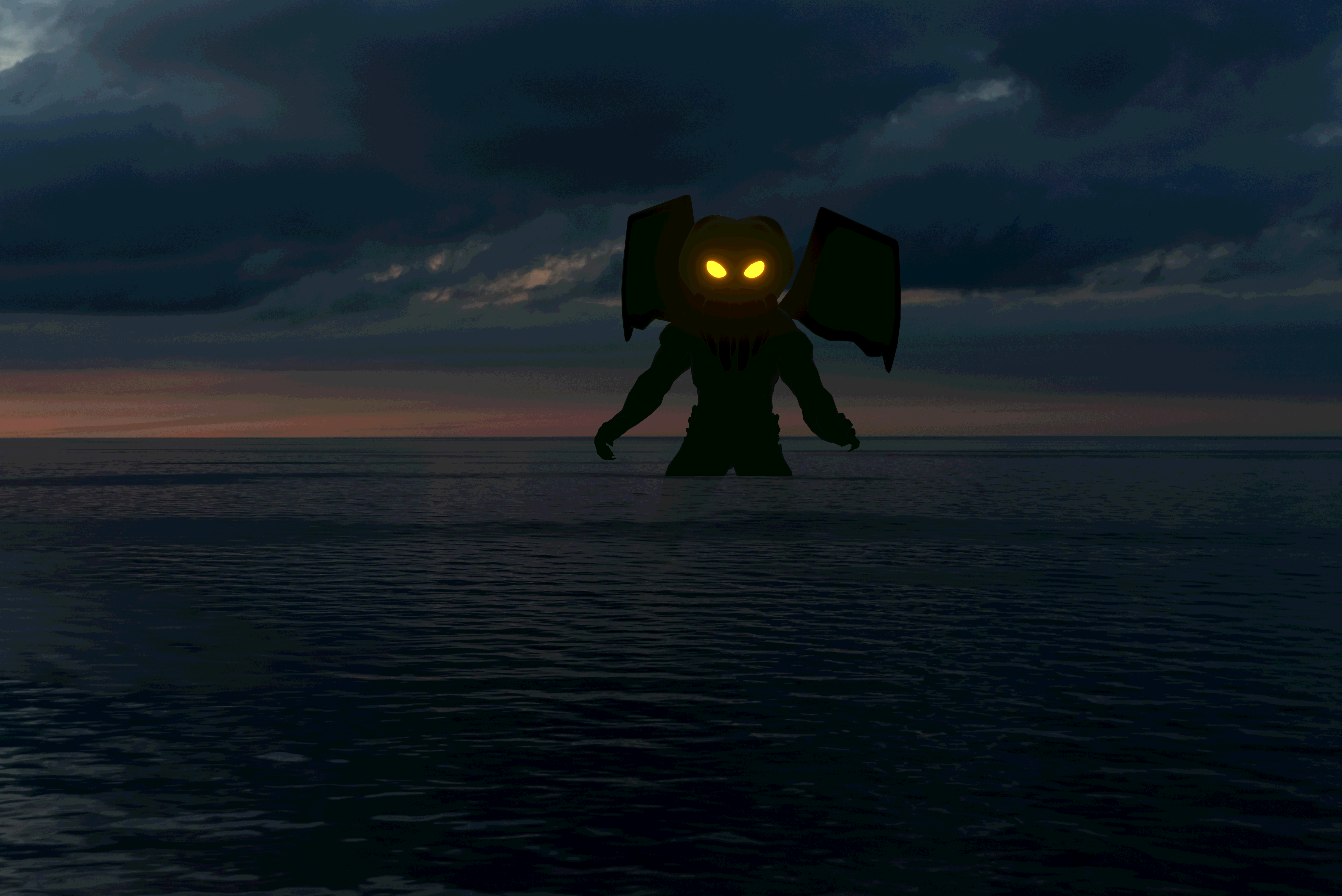 Cthulhu emerges from the dimly-lit sea.