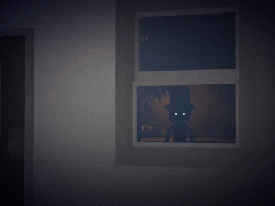 A thin man in a tophat peers through a house window  late at night. He is obscured by shadow.