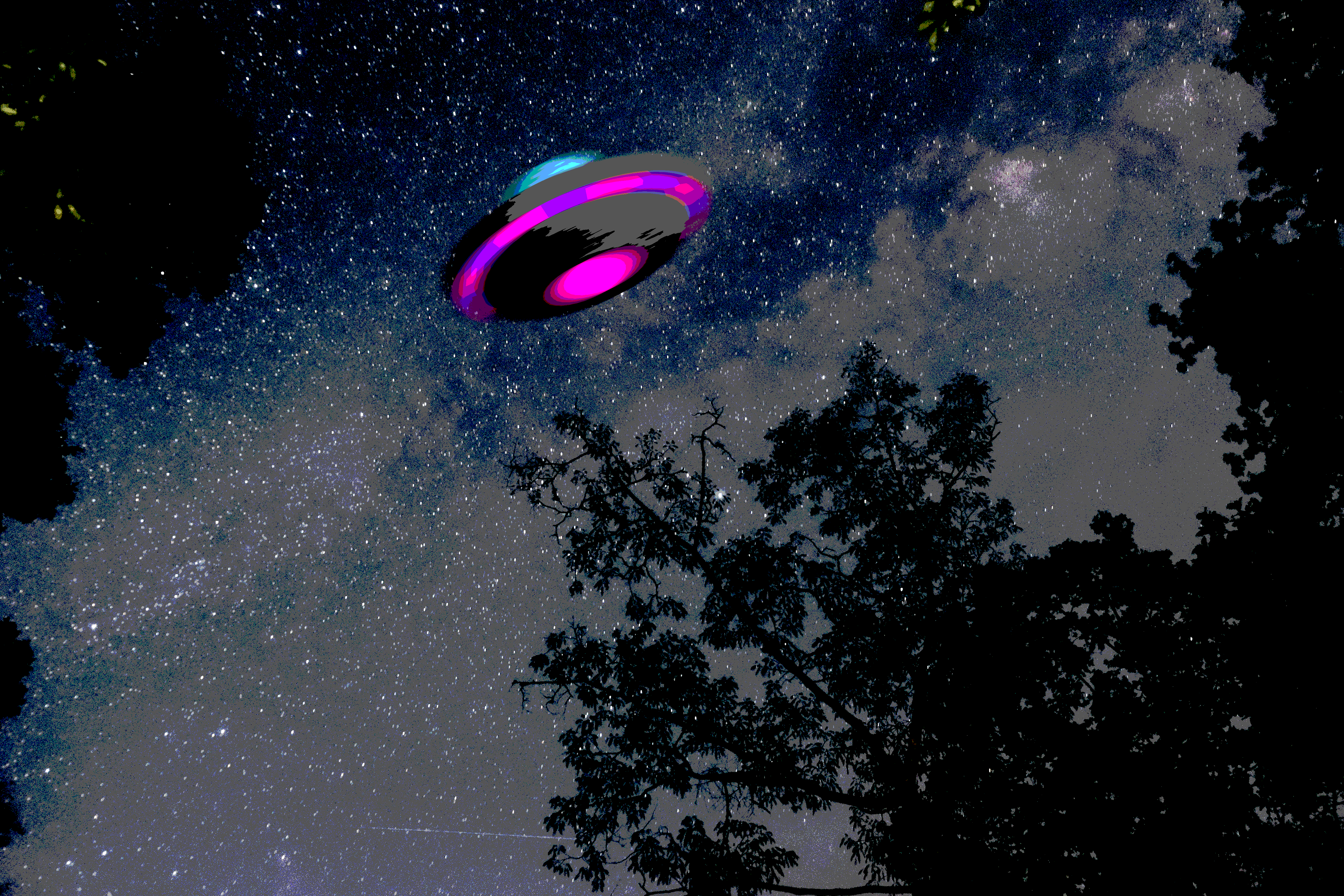 An alien UFO soars over a forest.