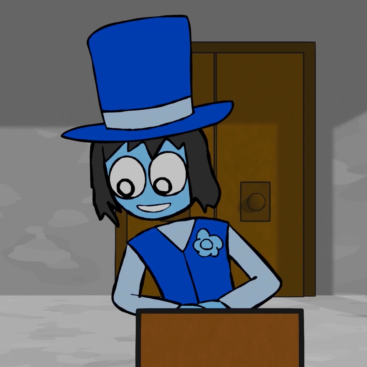 A slender blue man standing behind a podium.